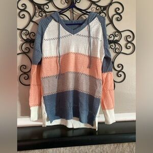 Amazon Women's V-Neck Striped Sweater - Blue, White, Pink